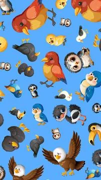 Seamless Vector Pattern of Cute Cartoon Birds on Blue Background Illustrazione stock