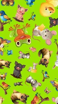 Seamless Vector Pattern with Cute Cartoon Farm and Wildlife Animals Illustrazione stock