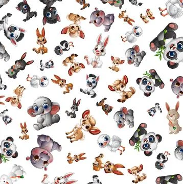 Seamless Vector Pattern of Cute Cartoon Safari and Forest Animals Stock Illustration