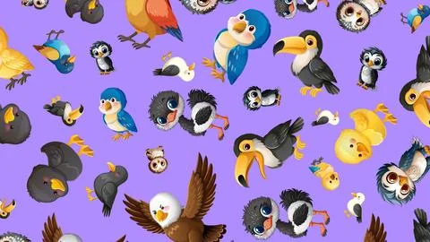 Seamless Vector Pattern of Cute Cartoon Birds on Purple Background Illustrazione stock