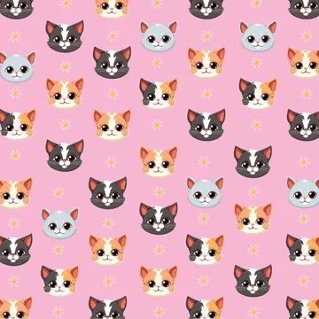 Seamless Vector Pattern with Cute Cartoon Cat Faces and Flowers Illustrazione stock