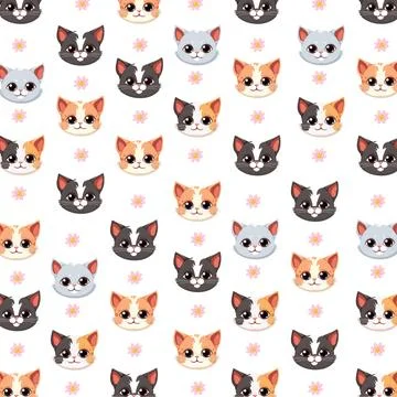 Seamless Vector Pattern of Cute Cartoon Cat Faces and Flowers Stock Illustration