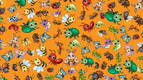 Seamless Vector Pattern of Cute Cartoon Insects on Orange Background Stock Illustration