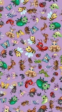 Seamless Vector Pattern of Cute Cartoon Insects on Purple Background Illustrazione stock