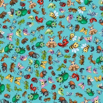 Seamless Vector Pattern of Cute Cartoon Insects on Blue Background Stock Illustration