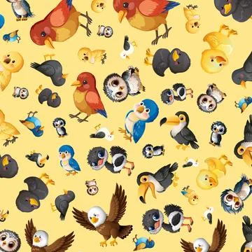 Seamless Vector Pattern of Cute Cartoon Birds on Yellow Background Illustrazione stock