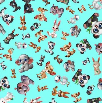 Seamless Vector Pattern of Cute Cartoon Baby Safari Animals Stock Illustration