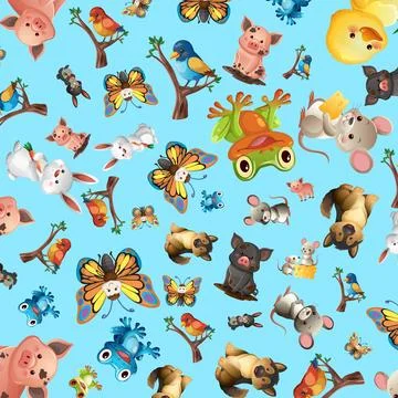 Seamless Vector Pattern with Cute Cartoon Farm and Wildlife Animals Stock Illustration
