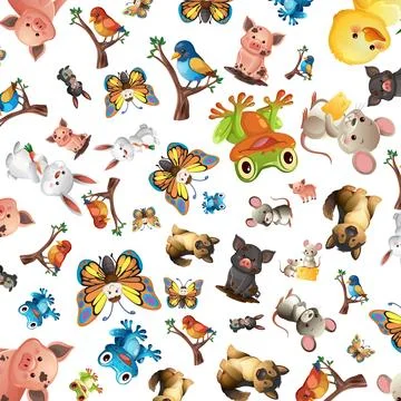 Seamless Vector Pattern with Cute Cartoon Farm and Wildlife Animals Stock Illustration