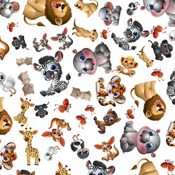 Seamless Vector Pattern of Cute Cartoon African Safari Animals Stock Illustration
