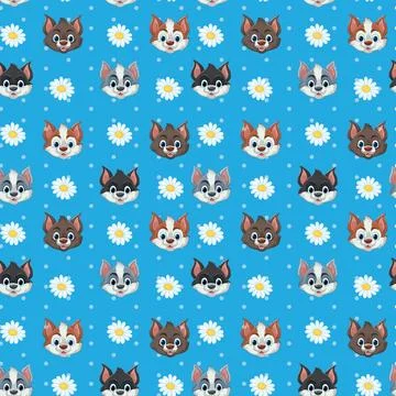 Seamless Vector Pattern with Cute Cartoon Cat Faces and Daisies Illustrazione stock