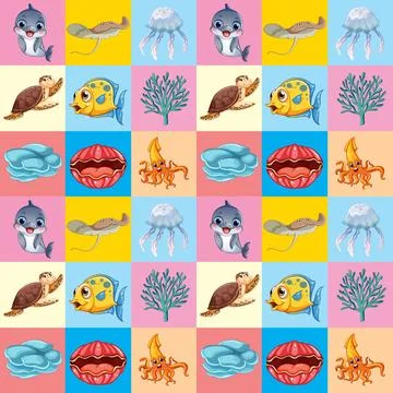Seamless Vector Pattern with Cute Cartoon Sea Animals and Marine Life Stock Illustration