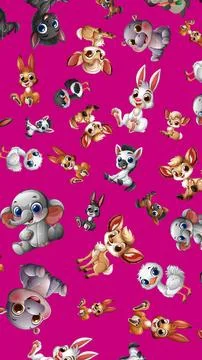 Seamless Vector Pattern of Cute Cartoon Safari Animals on Pink Background Stock Illustration