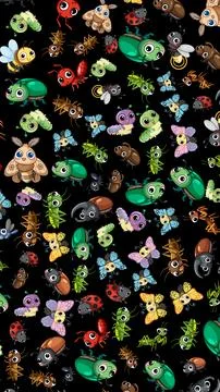 Seamless Vector Pattern of Cute Cartoon Insects on Black Background 스톡 일러스트