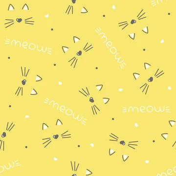 Seamless vector pattern with cute cat faces, heart nose. children's, girls',  Stock Illustration