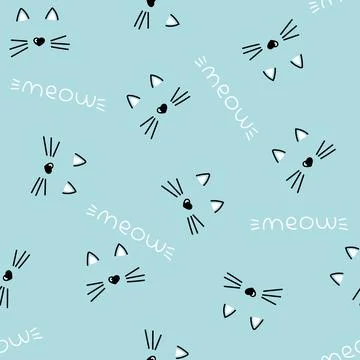 Seamless vector pattern with cute cat faces, heart nose. children's, girls',  イラスト素材