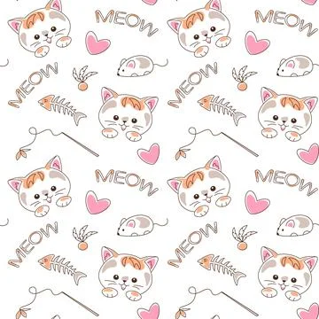 Seamless vector pattern with cute cat face toys and decorative lettering Stock Illustration