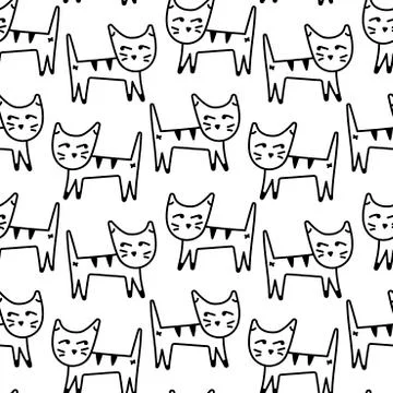 Seamless vector pattern with cute cats. hand draw animals in doodle style Stock Illustration