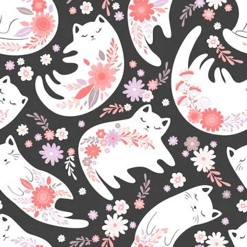 Seamless vector pattern with cute cats, flowers and floral elements isolate.. Stock Illustration
