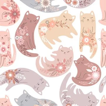 Seamless vector pattern with cute cats, flowers, floral elements in pastel .. Illustrazione stock