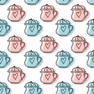 Seamless vector pattern with cute coffee cup cartoon illustration with fun heart Stock Illustration
