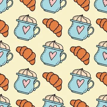 Seamless vector pattern with cute coffee cups and croissants cartoon Illustrazione stock