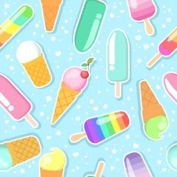 Seamless vector pattern with cute colorful cartoon ice creams on blue backgro Stock Illustration