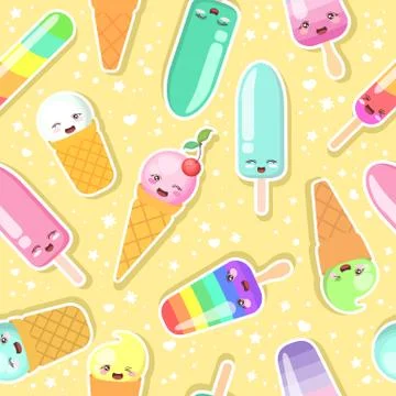 Seamless vector pattern with cute colorful cartoon ice cream characters on ye Stock Illustration