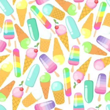 Seamless vector pattern with cute colorful cartoon ice creams isolated on whi Stock Illustration