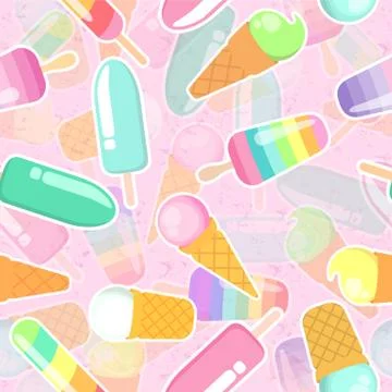 Seamless vector pattern with cute colorful cartoon ice creams on pink backgro Stock Illustration