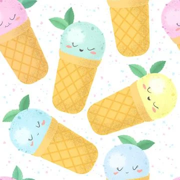 Seamless vector pattern with cute colorful hand drawn cartoon ice creams isol Stock Illustration