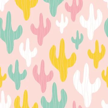 Seamless vector pattern cute colorful pastel cactus on pink background Stock Illustration