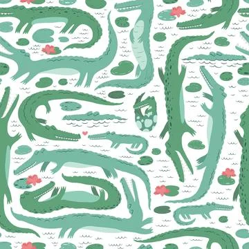 Seamless vector pattern with cute crocodiles, water lilies and leaves isola.. Stock Illustration