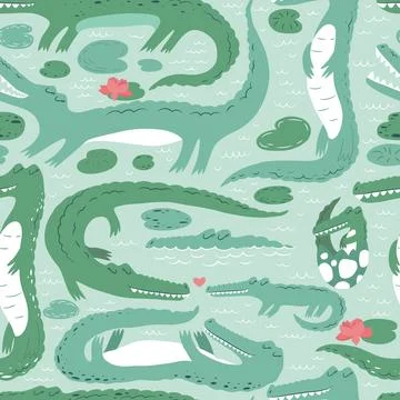 Seamless vector pattern with cute crocodiles, water lilies and leaves isola.. Stock Illustration