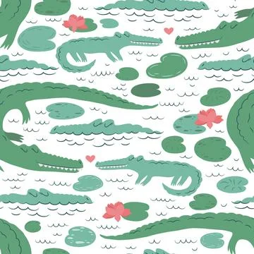Seamless vector pattern with cute crocodiles, water lilies, leaves isolated.. Stock Illustration