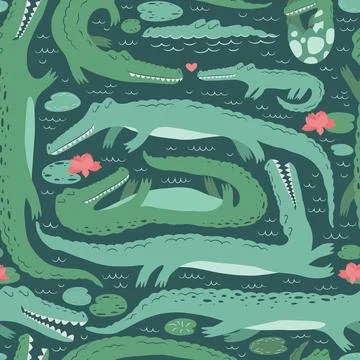Seamless vector pattern with cute crocodiles, water lilies and leaves isola.. Stock Illustration
