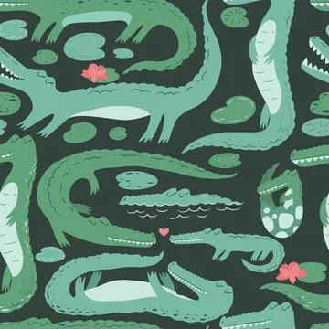Seamless vector pattern with cute crocodiles, water lilies and leaves isola.. Stock Illustration