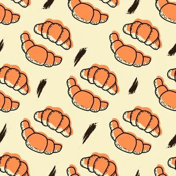 Seamless vector pattern with cute croissants in doodle style on yellow pastel Stock Illustration