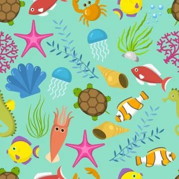 Seamless vector pattern with cute decorative fishes illustration. Funny Stock Illustration