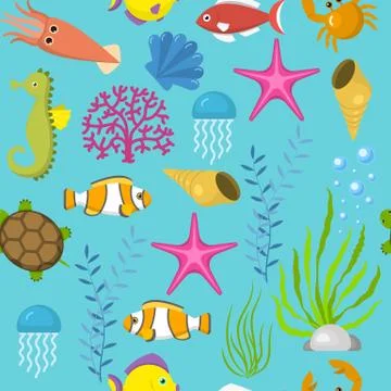 Seamless vector pattern with cute decorative fishes illustration. Funny Stock Illustration