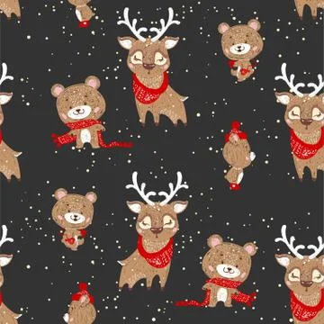 Seamless vector pattern with cute deer and bear in scarf and hat. Can be used Illustrazione stock