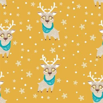 Seamless vector pattern with cute deer in scarf. Can be used for wallpaper, p Stock Illustration