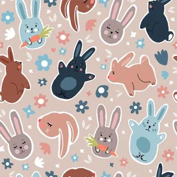 Seamless vector pattern of cute drawn bunnies and flowers. tender flat illust Illustrazione stock