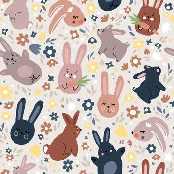 Seamless vector pattern of cute drawn bunnies and flowers. tender flat illust Stock Illustration