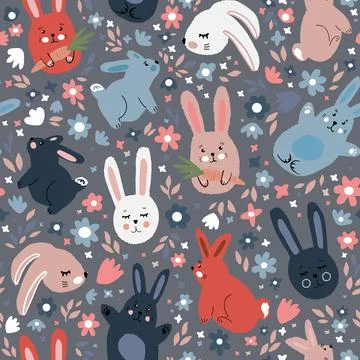 Seamless vector pattern of cute drawn bunnies and flowers. tender flat illust Stock Illustration