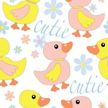 Seamless vector pattern with cute ducks and flowers.Pattern are not cropped and  Stock Illustration