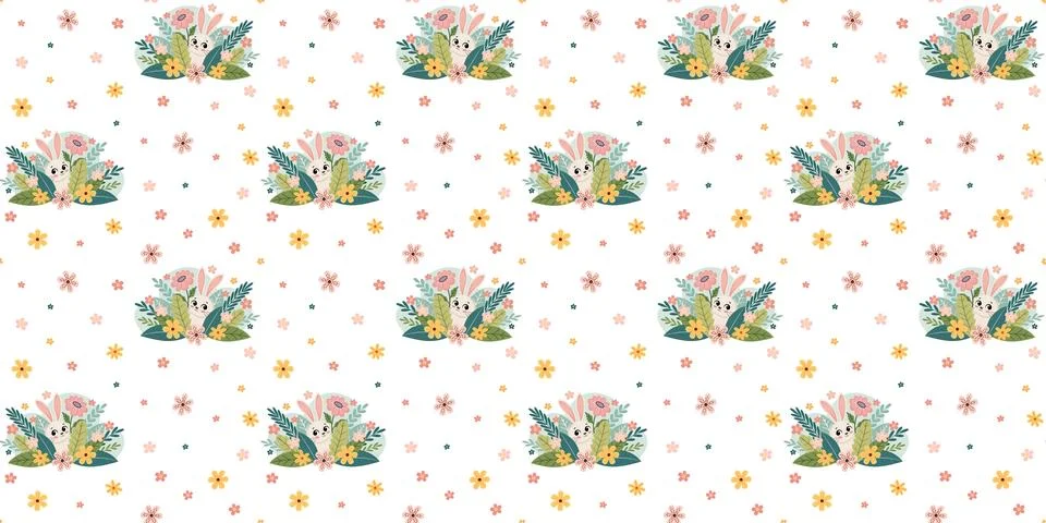Seamless Vector Pattern with Cute Easter Bunny and Spring Flowers Stockillustratie