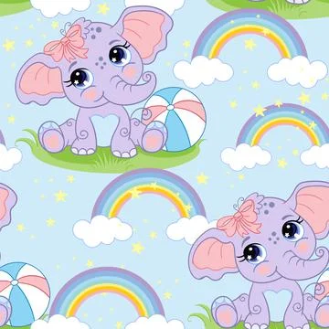 Seamless vector pattern with cute elephant and rainbow Stock Illustration
