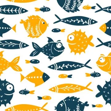 Seamless vector pattern with cute fishes. Funny fish with big eyes. For pattern Stock Illustration