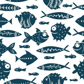 Seamless vector pattern with cute fishes. Funny fish with big eyes. For pattern Stock Illustration
